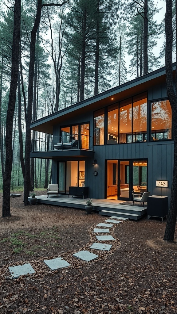 A modern house in the woods with large windows and smart home features.