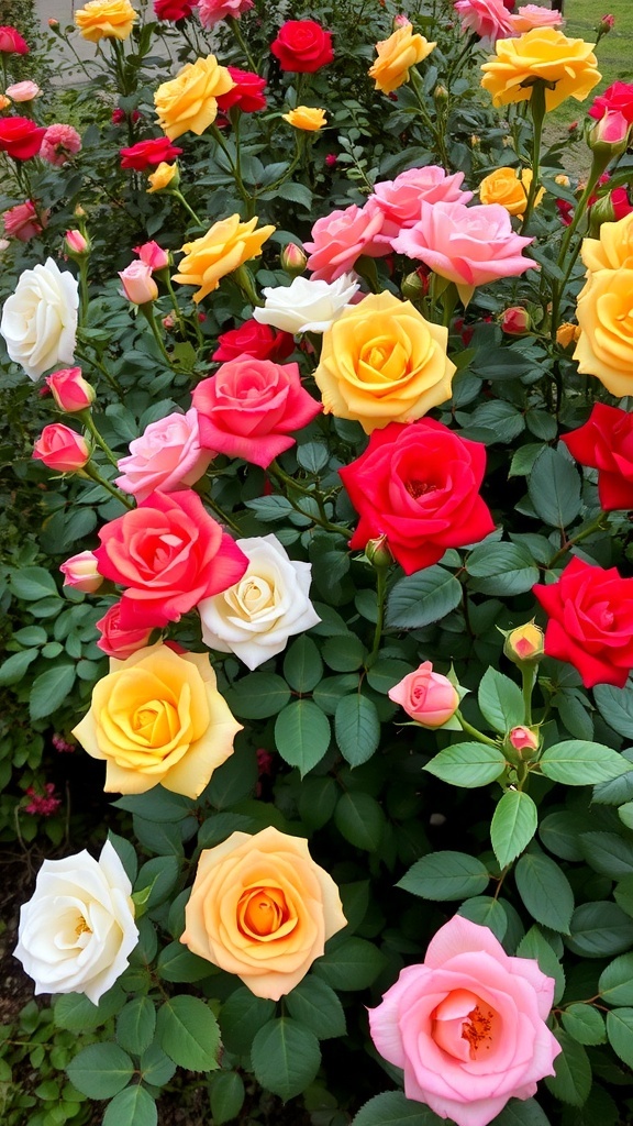 A vibrant display of roses in various colors including red, pink, yellow, and white.