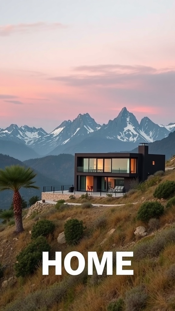 A modern house on a hillside with mountains in the background during sunset.