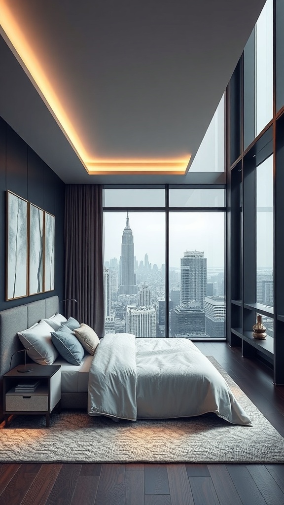 A modern bedroom with a view of the city skyline, featuring large windows, soft bedding, and warm lighting.