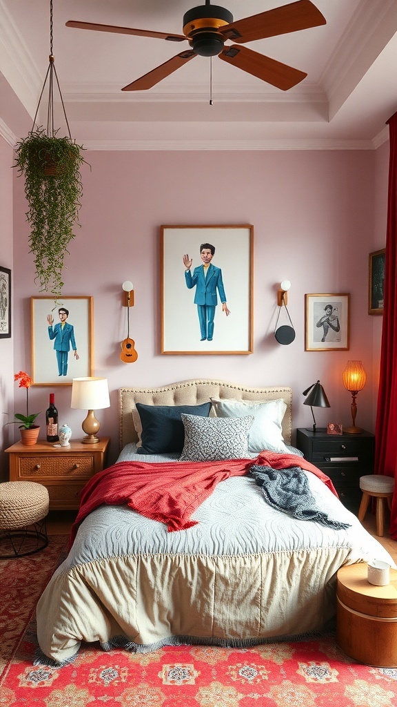 A modern bedroom with pink walls, artistic portraits, and cozy decor.