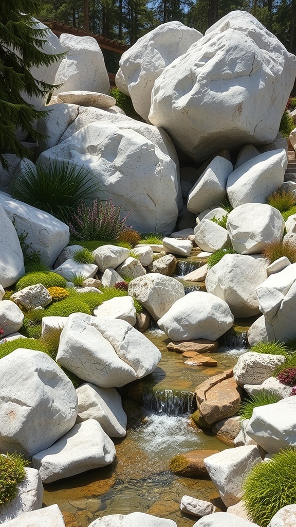 A rock garden featuring large white boulders surrounded by greenery and a small stream.