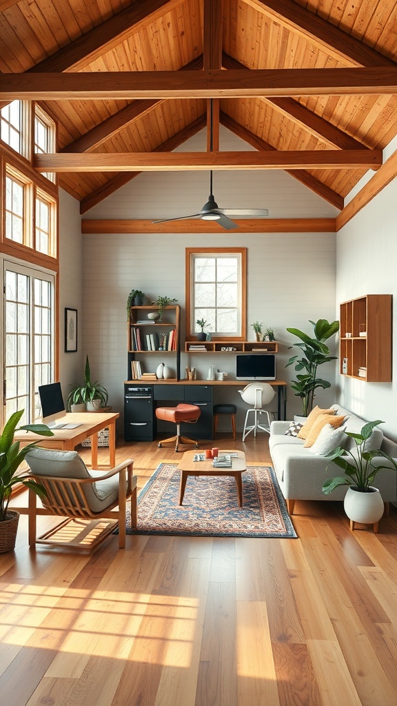 Interior of a cozy A-Frame house featuring a multi-functional living space.