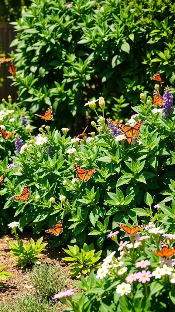 A vibrant butterfly garden with boxwood landscaping, featuring butterflies on colorful flowers.