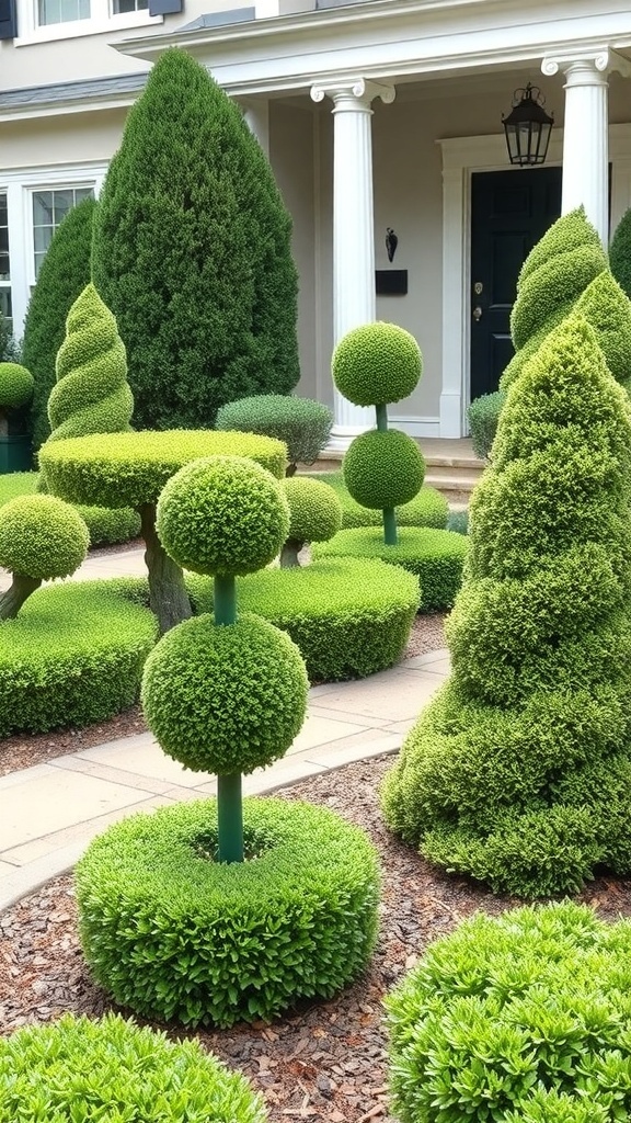 A landscaped front yard featuring various boxwood topiaries in different shapes and sizes.