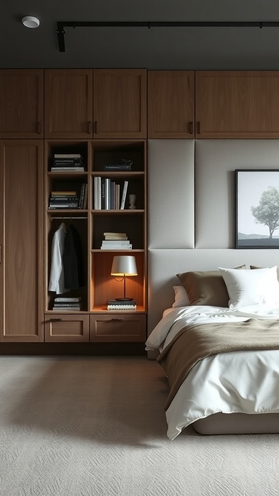 A modern bedroom featuring wooden cabinetry, neutral bedding, and a cozy lamp.