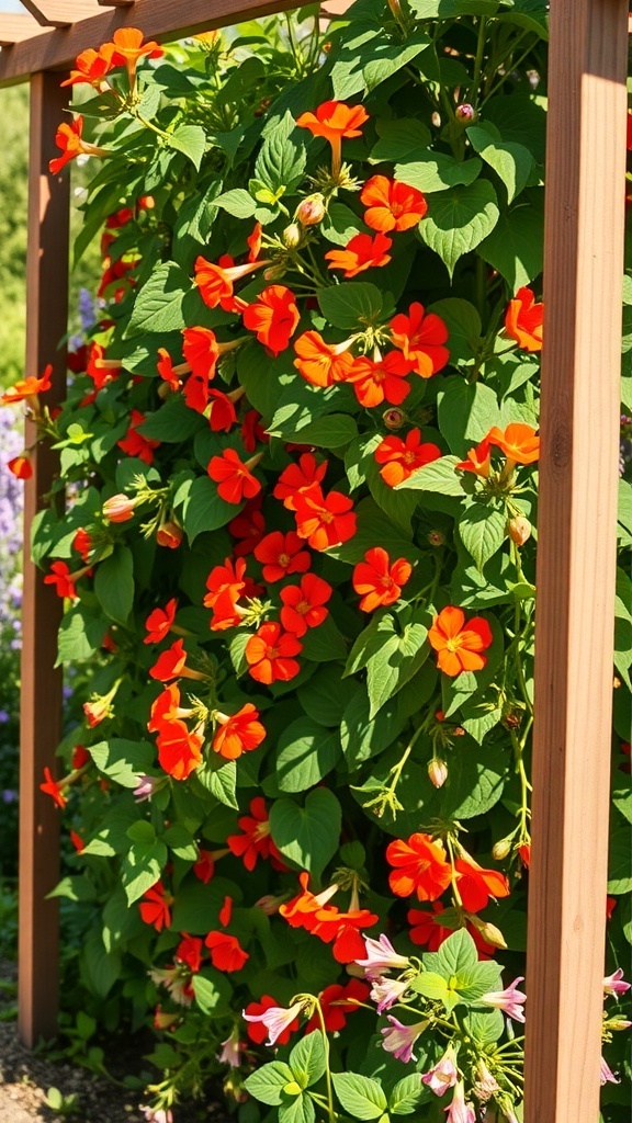 Vibrant orange nasturtium flowers climbing on a wooden trellis