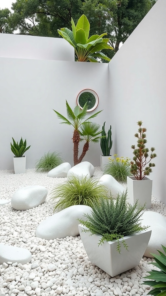 A modern minimalist garden featuring white rocks, green plants in white pots, and a circular window.