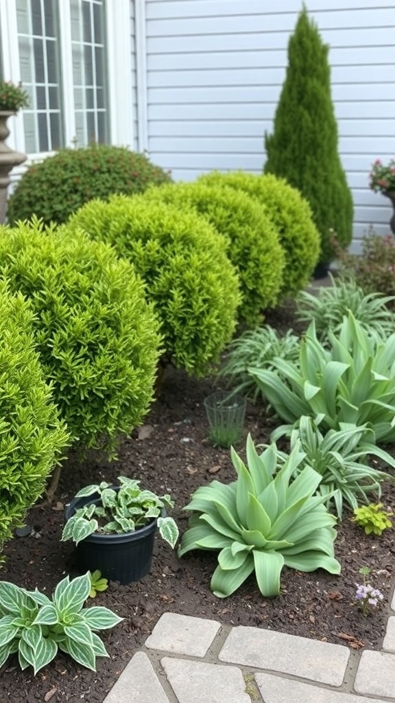 A front yard featuring neatly trimmed boxwoods alongside various edible plants.