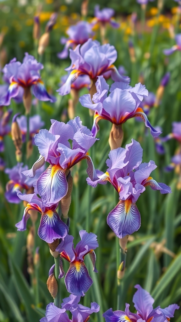 A cluster of vibrant purple and yellow iris flowers in a garden setting.