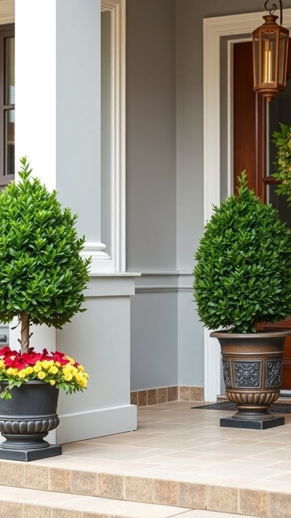 Two boxwood plants in decorative pots at a front entrance, with colorful flowers at the base.