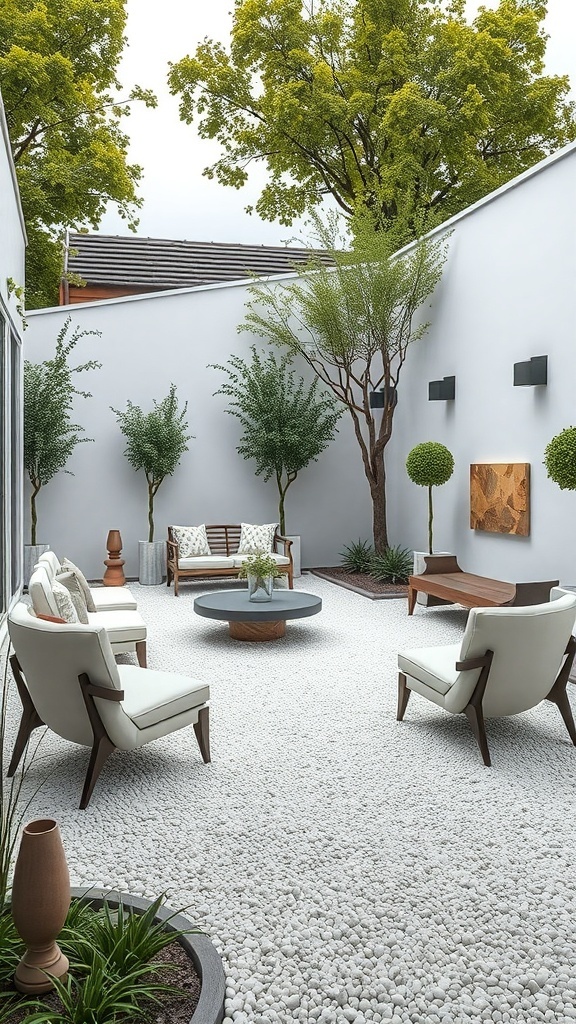 A contemporary courtyard featuring white gravel, black chairs, and lush greenery.