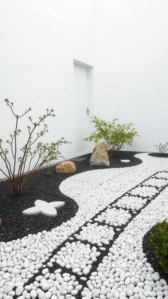 A Zen garden featuring white pebbles, dark soil, and minimalistic plants.