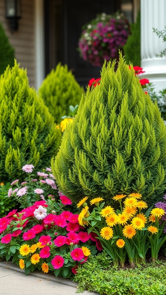 Lush green boxwood shrubs with vibrant seasonal flowers in pink and yellow.