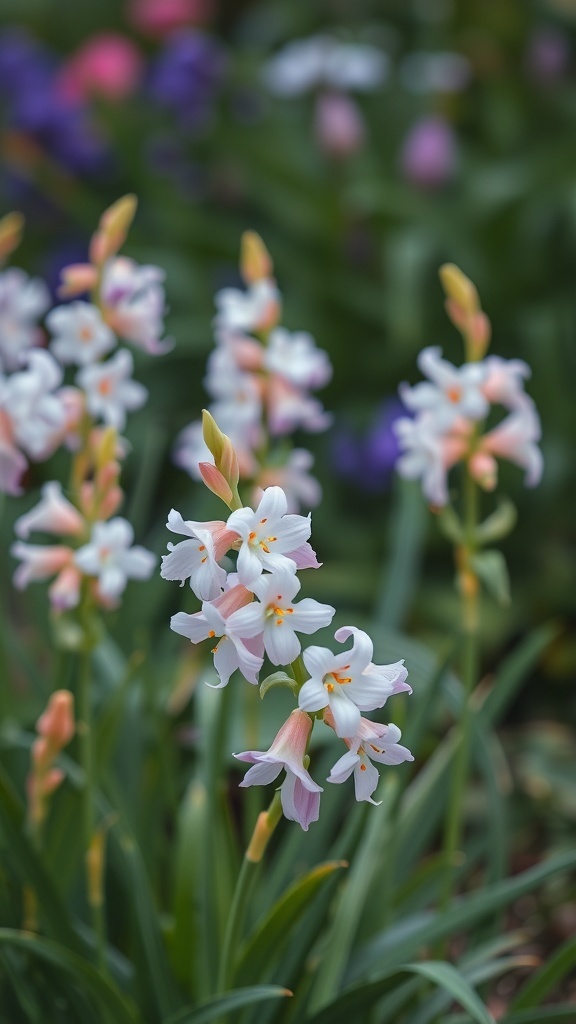 A close-up of freesia flowers with white and pink petals in a garden setting.