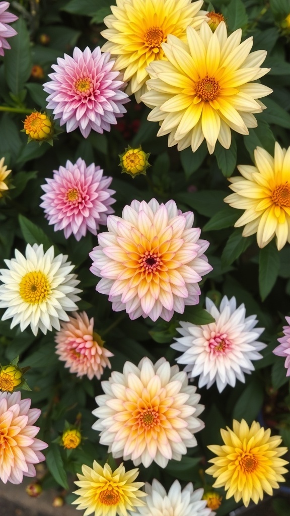 A vibrant display of dahlias in various colors, showcasing their diversity.