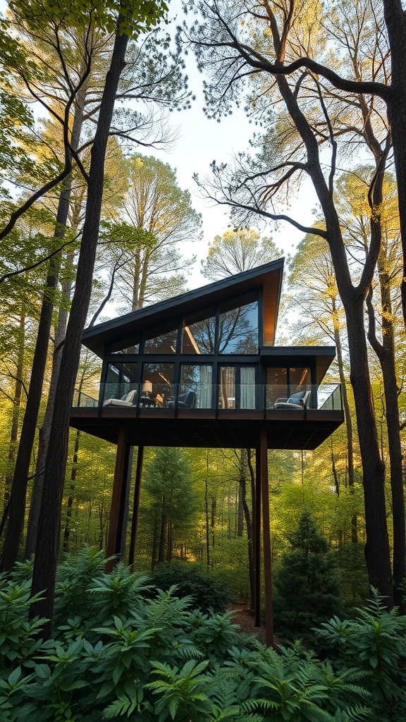 A modern house elevated among tall trees, featuring large windows and a sleek design.