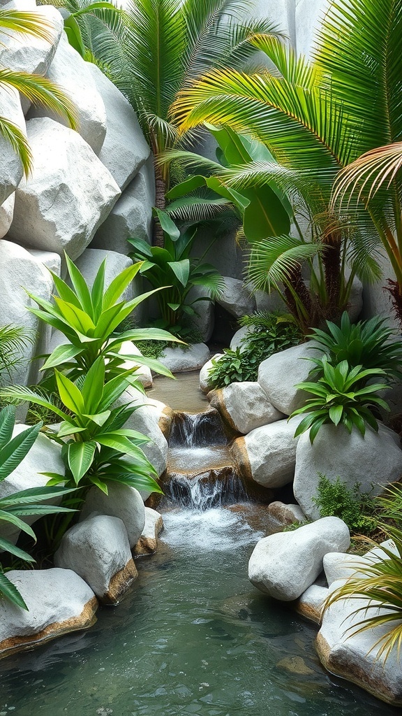 A tranquil garden featuring white rocks, tropical plants, and a small waterfall.