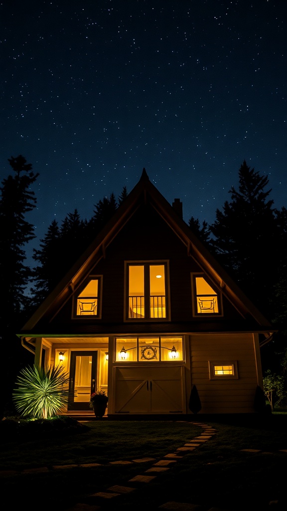 A beautifully lit A-Frame house at night under a starry sky.