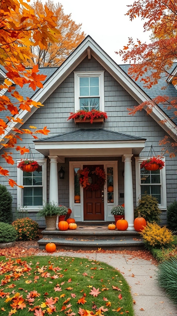 A charming A-Frame house decorated for fall with pumpkins and colorful leaves.