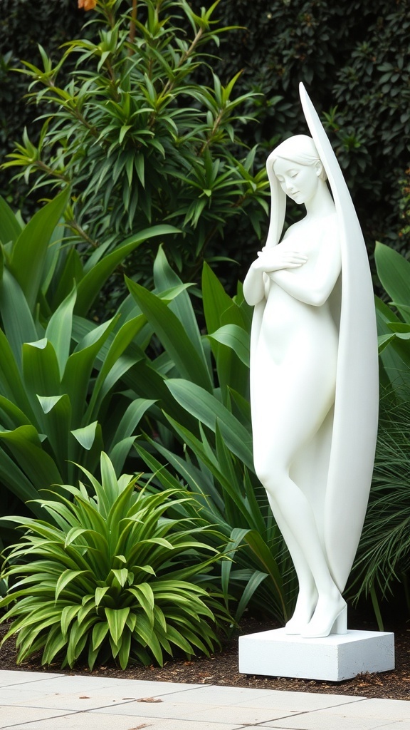 A white sculpture of a woman standing among green plants in a garden