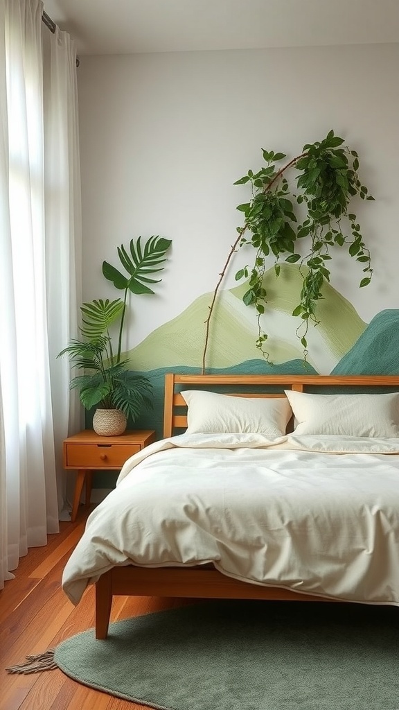 A serene bedroom featuring a wooden bed, nature-inspired wall art, and potted plants.