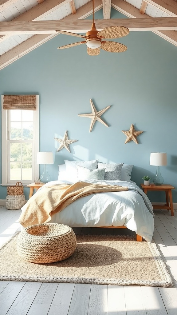 A serene coastal bedroom with blue walls, wooden beams, and beach-themed decor.