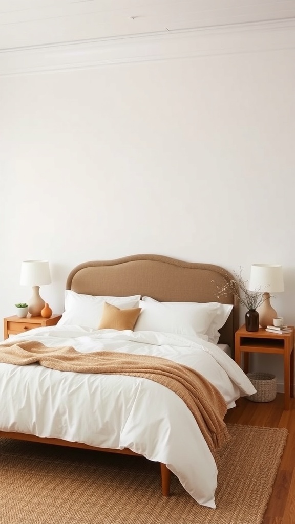 A cozy bedroom featuring minimalist boho coastal design with wooden bedside tables, soft bedding, and warm lighting.