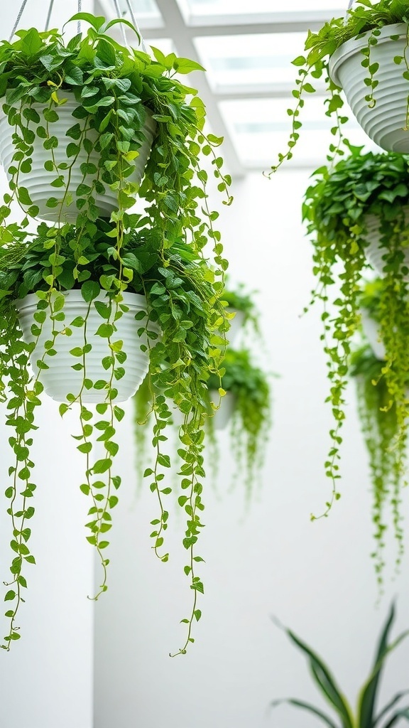 Hanging white baskets filled with cascading green plants