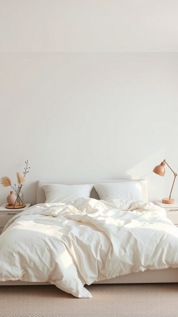 A serene modern bedroom featuring a neutral palette with a white bed, soft bedding, and minimalist decor.