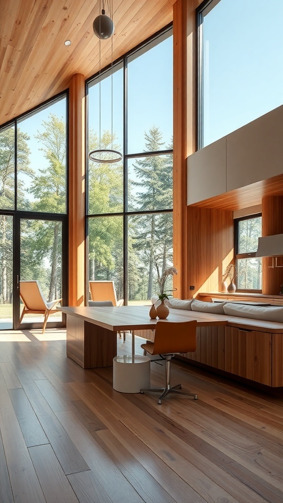 A modern living space with large windows, wooden walls, and contemporary furniture.
