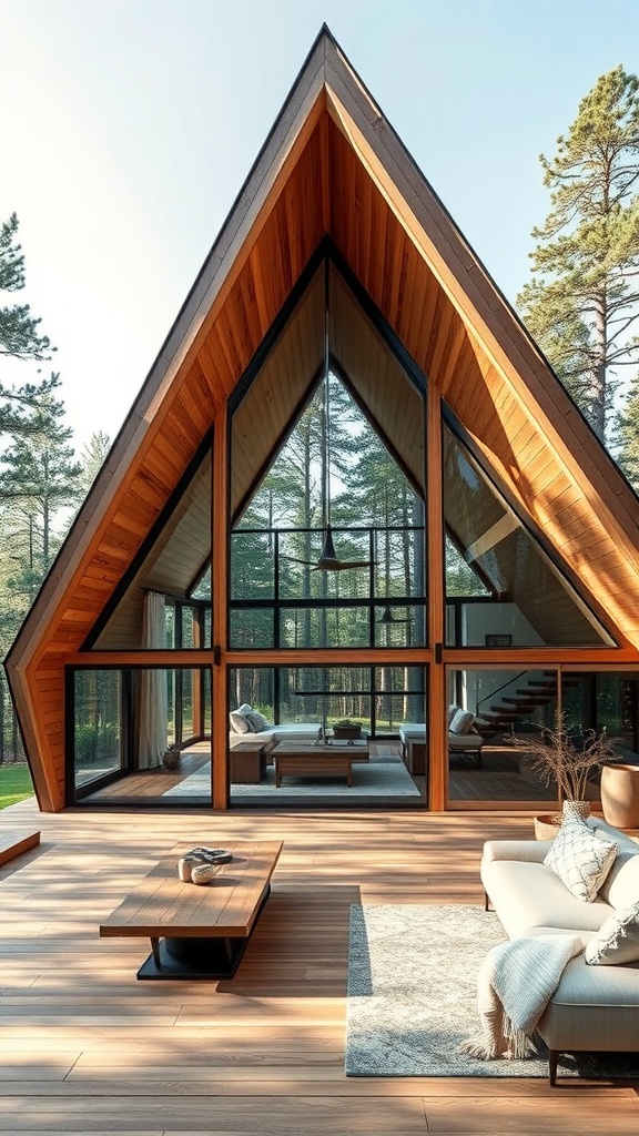 A modern A-Frame house with large glass windows surrounded by trees.