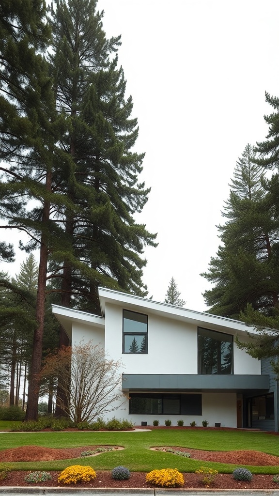 A modern house with a unique angled roof surrounded by tall trees.