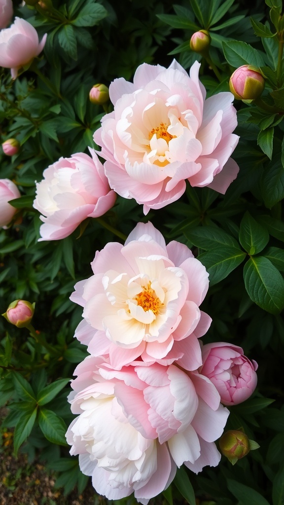 Close-up of pink peony flowers with lush green leaves