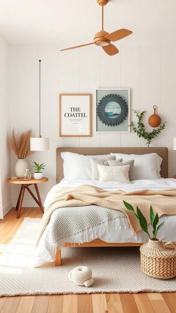 A minimalist boho coastal bedroom with neutral tones, cozy bedding, and coastal-themed artwork.
