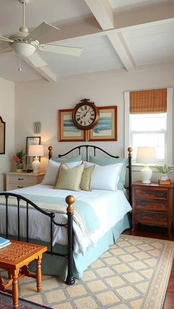 A cozy bedroom featuring a wooden dresser, soft bedding, and vintage decor elements.