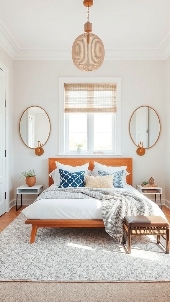 A minimalist boho coastal bedroom featuring a wooden bed, patterned pillows, and round mirrors.