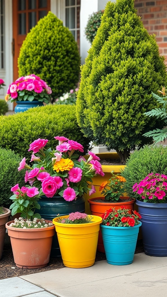 A front yard featuring lush boxwood shrubs and colorful flower containers.