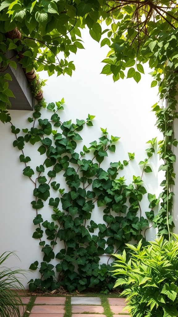 Green ivy draped over a white wall, creating a serene garden space.