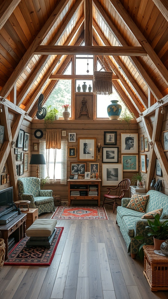 Interior of an A-Frame house showcasing personalized decor with wooden beams, framed pictures, and comfortable seating.