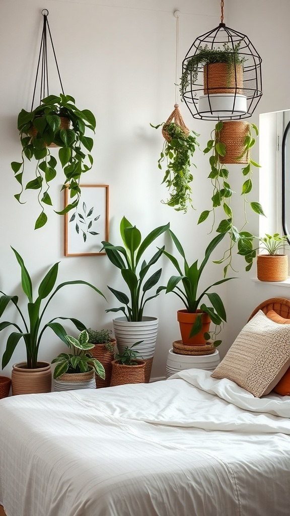 A cozy bedroom filled with various indoor plants, showcasing a minimalist boho coastal style.