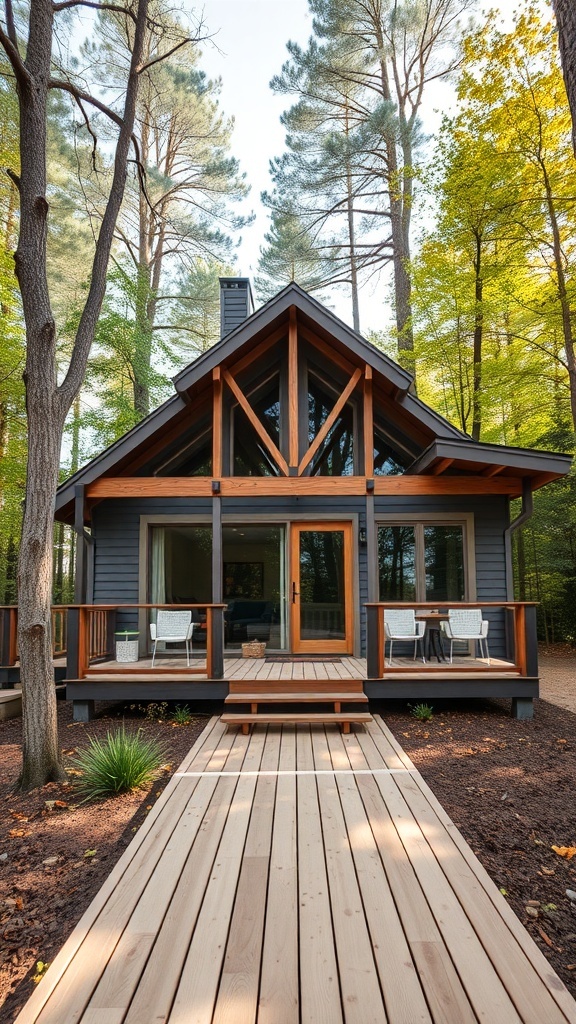 A modern house in the woods with a charming porch and deck, surrounded by trees.