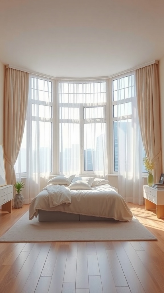 Bright and airy bedroom with large windows and soft curtains