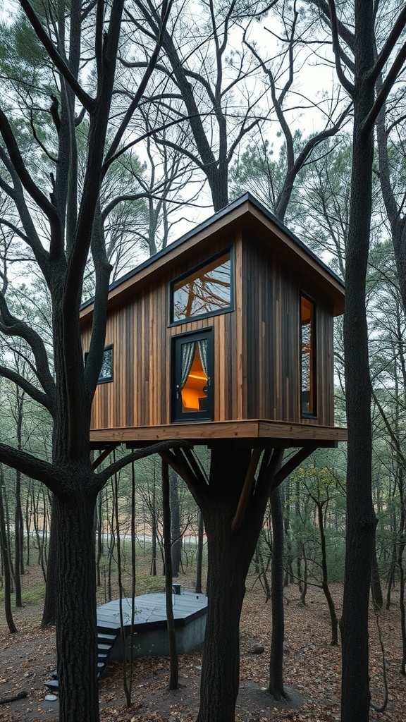 An eco-friendly treehouse built in a large tree surrounded by lush greenery.