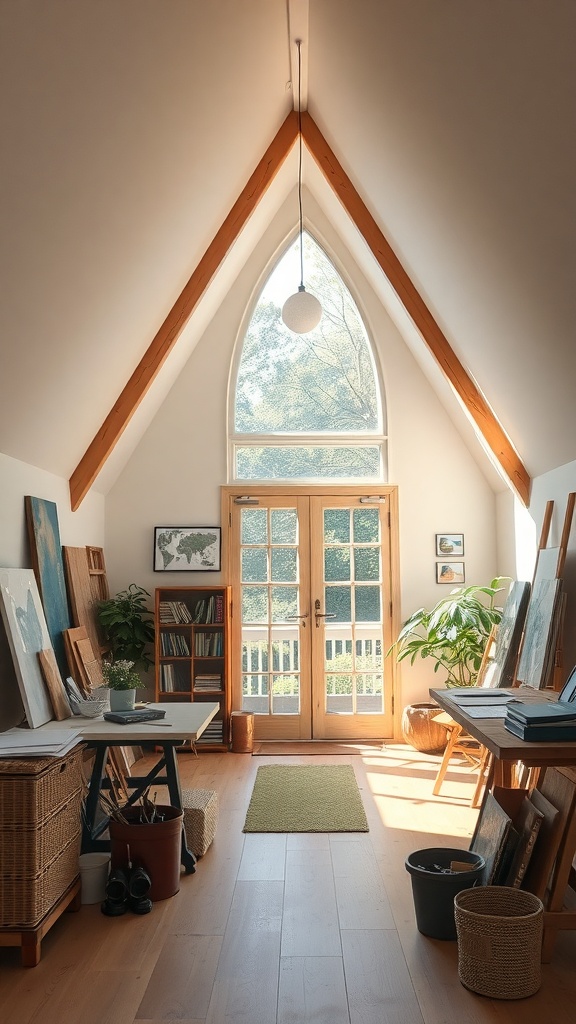 Interior of a cozy A-Frame house with wooden beams and natural light