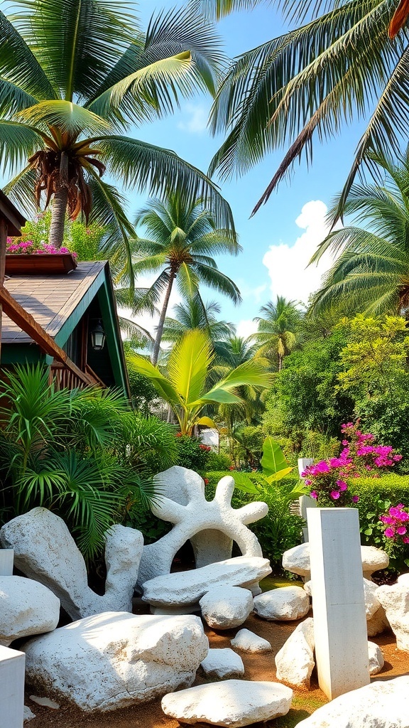 A tropical garden featuring white coral rocks, palm trees, and vibrant pink flowers.
