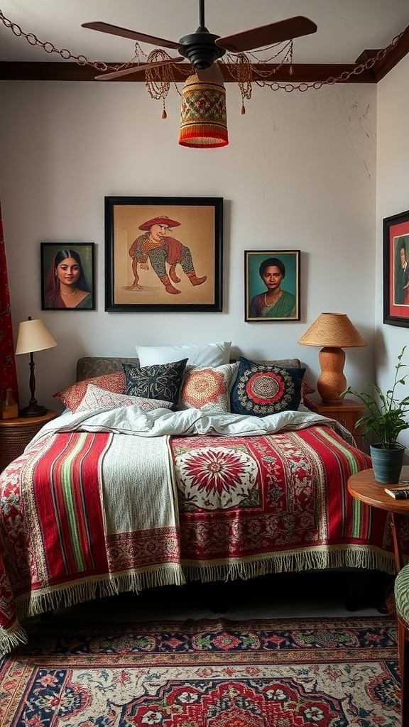 A cozy bedroom featuring cultural artwork, vibrant bedding, and traditional lighting.