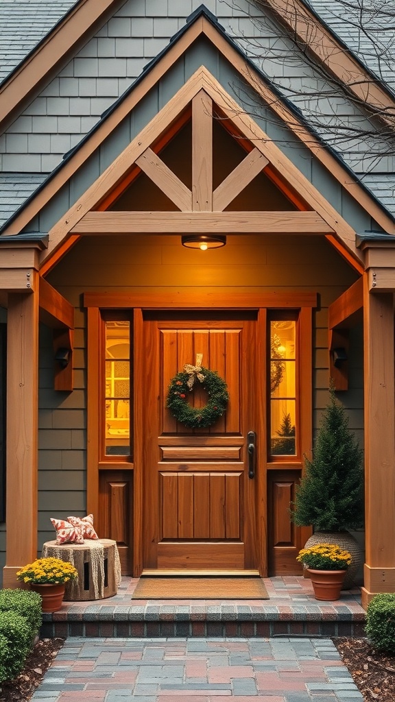 A cozy A-Frame house entryway with a wooden door, warm lighting, and decorative plants.