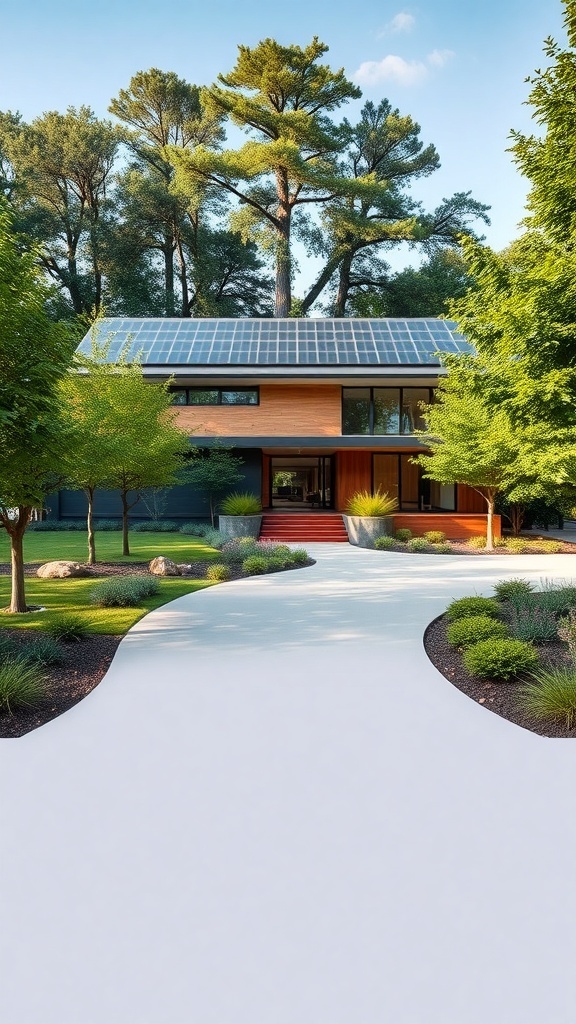 A modern house with solar panels surrounded by trees and landscaped gardens.