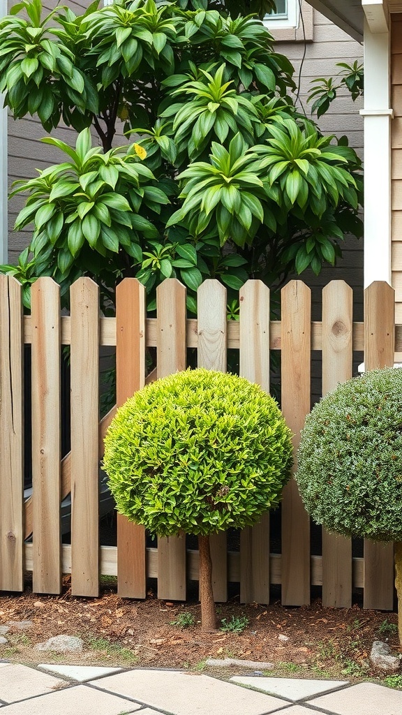 A front yard featuring neatly trimmed boxwood shrubs next to a rustic wooden fence.